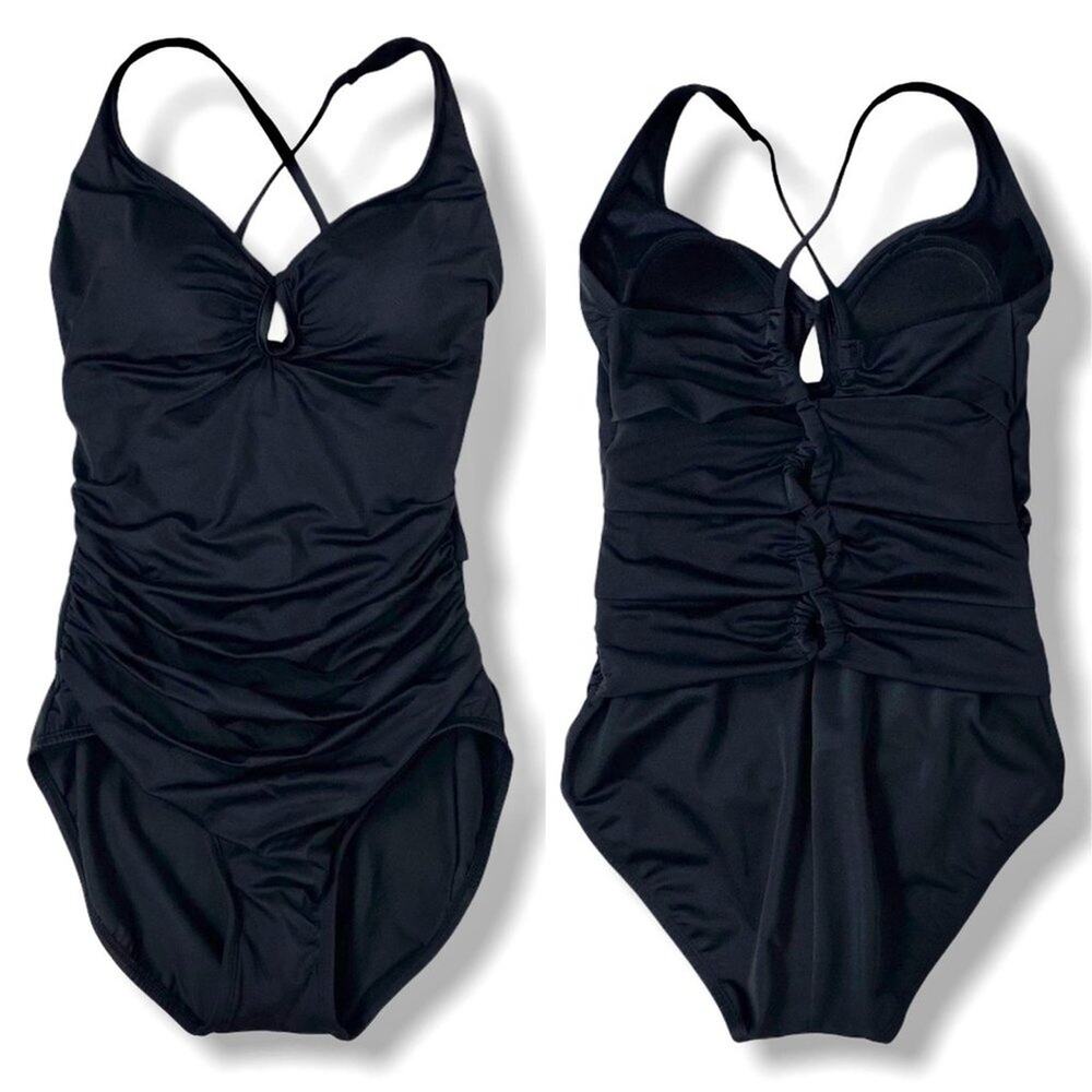Coastal Blue Black One Piece Swimsuit Small NWOT Ruched Design